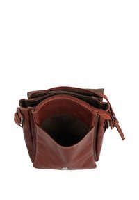 Brown leather crossbody bag with multiple open compartments and a zipper, viewed from the top against a white background.