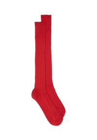Calze rosse al ginocchio realizzate in tessuto a maglia a coste, caratterizzate da una consistenza liscia e un polsino aderente nella parte superiore.