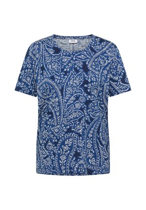 T-shirt bleu à manches courtes avec un motif floral cachemire blanc complexe et un col rond.