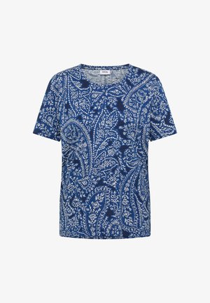 Blauw T-shirt met korte mouwen, voorzien van een wit, ingewikkeld paisley bloemenpatroon en een ronde hals.