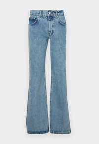 Blå denim flarejeans med hög midja, fem fickor, knappstängning och en blekt tvätt med lätt slitningar vid fållen.