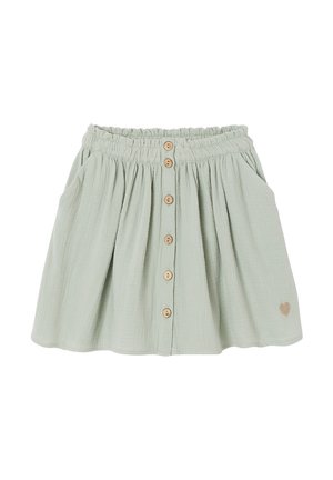 Light green gathered skirt with elastic waistband, front wooden buttons, side pockets, and small heart embroidery near hem.