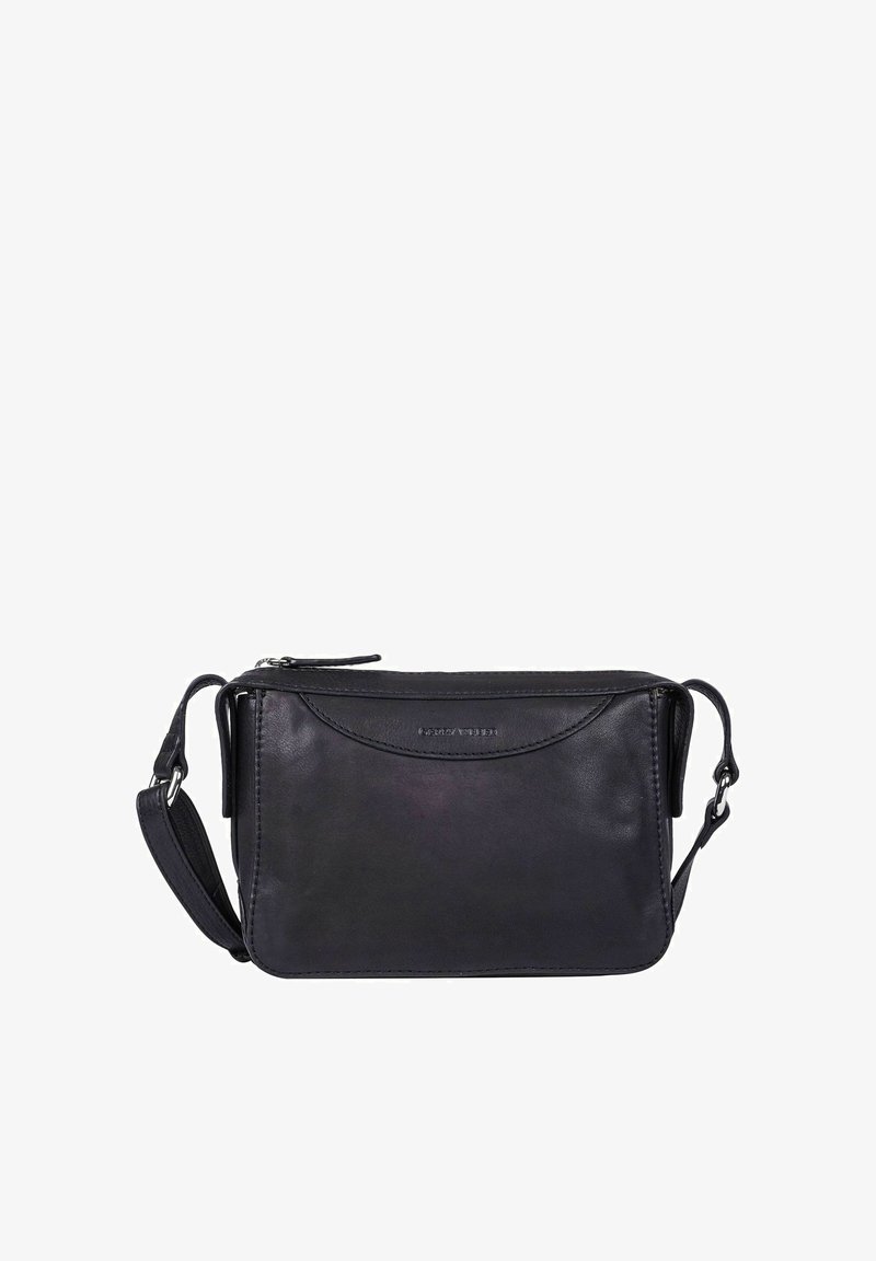 Sac bandoulière en cuir noir avec une texture lisse, fermeture éclair, sangle réglable et un détail de couture courbée sur le dessus. Dimensions non spécifiées.