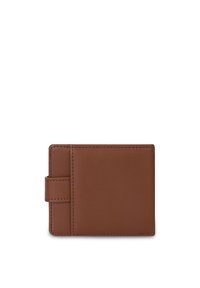 Brown leather wallet with a smooth texture, rectangular shape, and a horizontal strap accent on one side. Stitched edges are visible.