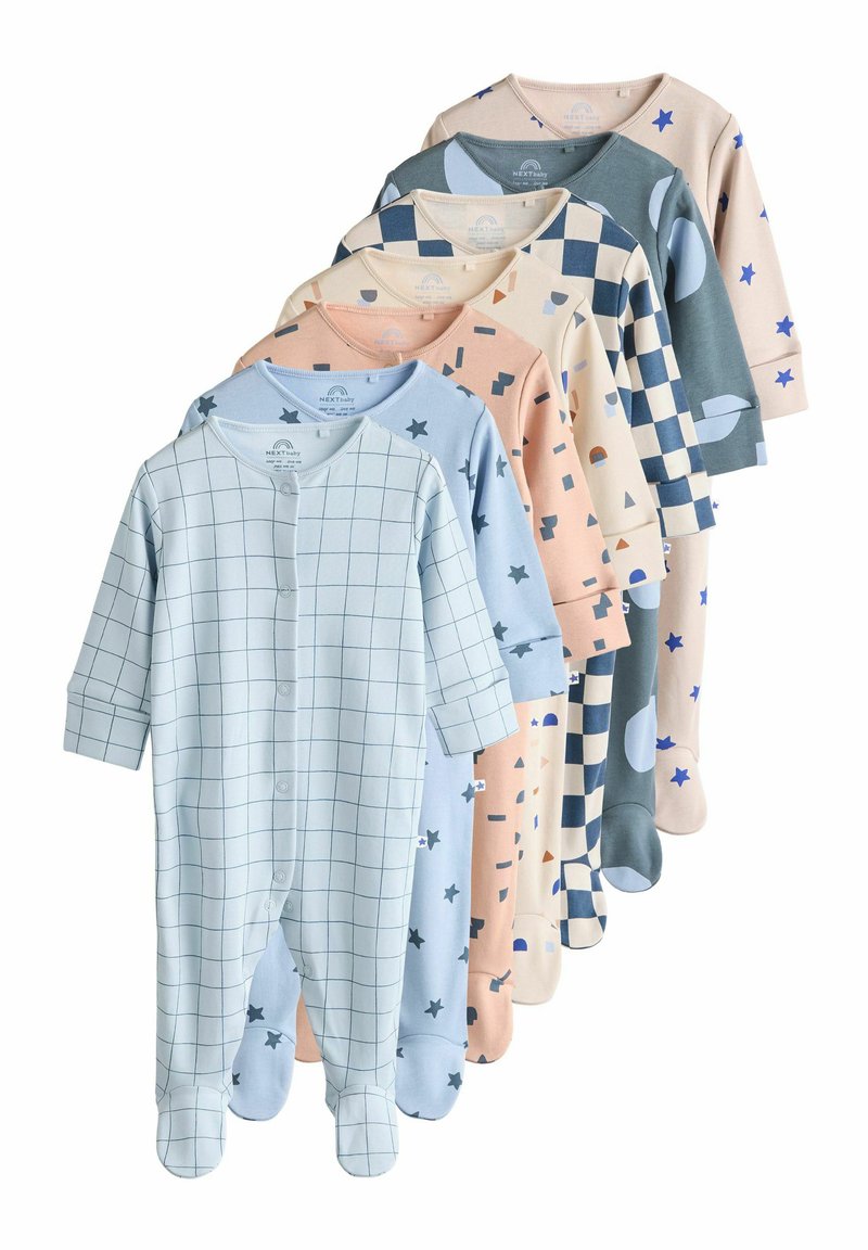 Sæt af seks babybodystockings i forskellige farver: lyseblå ruder, fersken med former, grå ternet, og mere, hver med unikke mønstre og blødt stof.