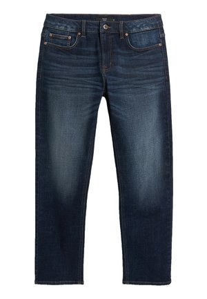 Donkerblauwe denim jeans met een recht gesneden pijp, vijf zakken en subtiele vervaging op de dijen. Voorzien van koperkleurige hardware.