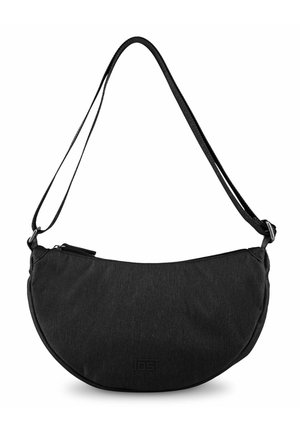 Schwarze Umhängetasche in Halbmondform, aus strukturiertem Stoff gefertigt, mit einem Reißverschluss, verstellbarem Tragegurt und dezentem Logo-Detail.