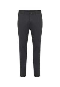 Pantalon slim gris foncé avec fermeture par bouton et zip, passants pour ceinture et sans poches visibles, présenté de face sur fond blanc.
