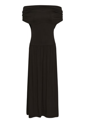 Sort maksimal kjole med bar skuldre, rynket krop og samlet nederdel, tætsiddende talje, skulderfri design.