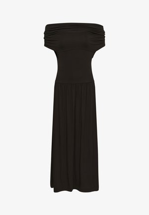 Sort maksimal kjole med bar skuldre, rynket krop og samlet nederdel, tætsiddende talje, skulderfri design.