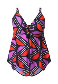 Wielokolorowy top tankini w kolorze czarnym, z geometrycznym wzorem z czerwonymi, fioletowymi i białymi akcentami. Zawiera centralny węzeł i detal z frędzlami.