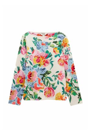 Langärmliges weißes Hemd mit großem, farbenfrohem Blumenmuster in Pink-, Blau-, Gelb-, Rot- und Grüntönen.