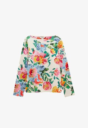 Ilgas rankovėmis baltas marškinėlis su spalvingu dideliu gėlių raštu rožinės, mėlynos, geltonos, raudonos ir žalios spalvų atspalviais.