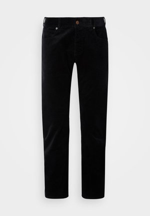 Black corduroy trousers with a straight-leg design, five-pocket style, and a subtle ridged texture. Features a metal button and zipper fly.