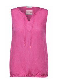 Ärmlös topp i klart rosa tyg med en avslappnad passform, V-ringning och justerbar dragsko vid framkanten. Strukturerad yta.