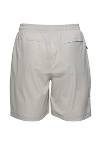 Lichtgrijze sportshorts met een elastische tailleband, textuurstof en een achterzak met rits. Minimalistisch ontwerp, knielange pasvorm.