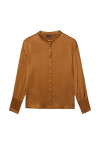 Brązowa satynowa bluzka z długim rękawem, okrągłym dekoltem, zapięciem na guziki i lekko marszczonymi rękawami. Gładka faktura i minimalistyczny design.