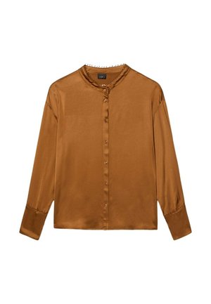 Bruine satijnen blouse met lange mouwen, een ronde halslijn, een knoopsluiting en licht geplooide mouwen. Soepele textuur en minimalistisch ontwerp.