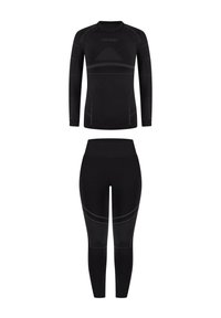 Czarny zestaw sportowy z długim rękawem i dopasowanymi legginsami. Materiał o fakturze z odblaskowymi elementami i ergonomicznymi szwami dla komfortu.