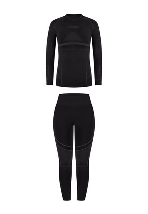 Zwart sportoutfit bestaande uit een top met lange mouwen en nauwsluitende leggings. Gestructureerde stof met reflecterende accenten en ergonomische naden voor comfort.