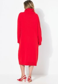 Rotes Strickkleid mit hohem Rollkragen, langen Ärmeln und geripptem Saum. Kombiniert mit schimmernden roten High-Heels. Glatte Textur.