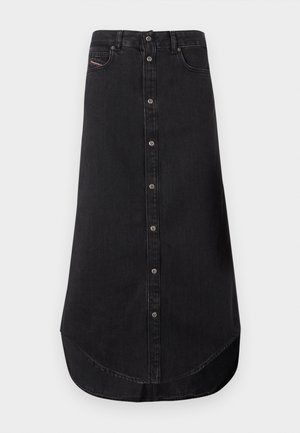 Black denim midi skirt with front button closure, curved hem, belt loops, and front pockets.