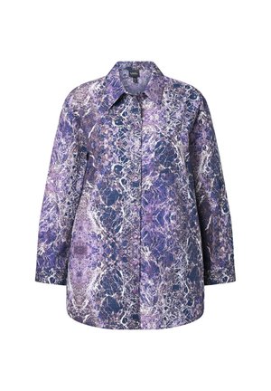 Paars en wit gestreepte blouse met lange mouwen, een kraag en knoopsluiting aan de voorkant. Heeft een losse pasvorm en een enkele borstzak.