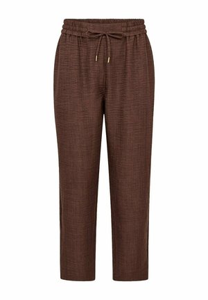 Brown textured drawstring pants with elastic waistband and straight legs, designed for casual wear.