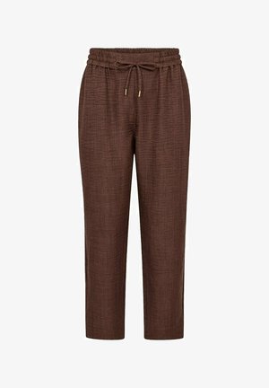 Brown textured drawstring pants with elastic waistband and straight legs, designed for casual wear.