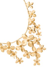 Złocona naszyjnik kwiatowy z wieloma kwiatami w kształcie płatków, z teksturowanymi detalami i akcentami koralików na elastycznym łańcuszku.