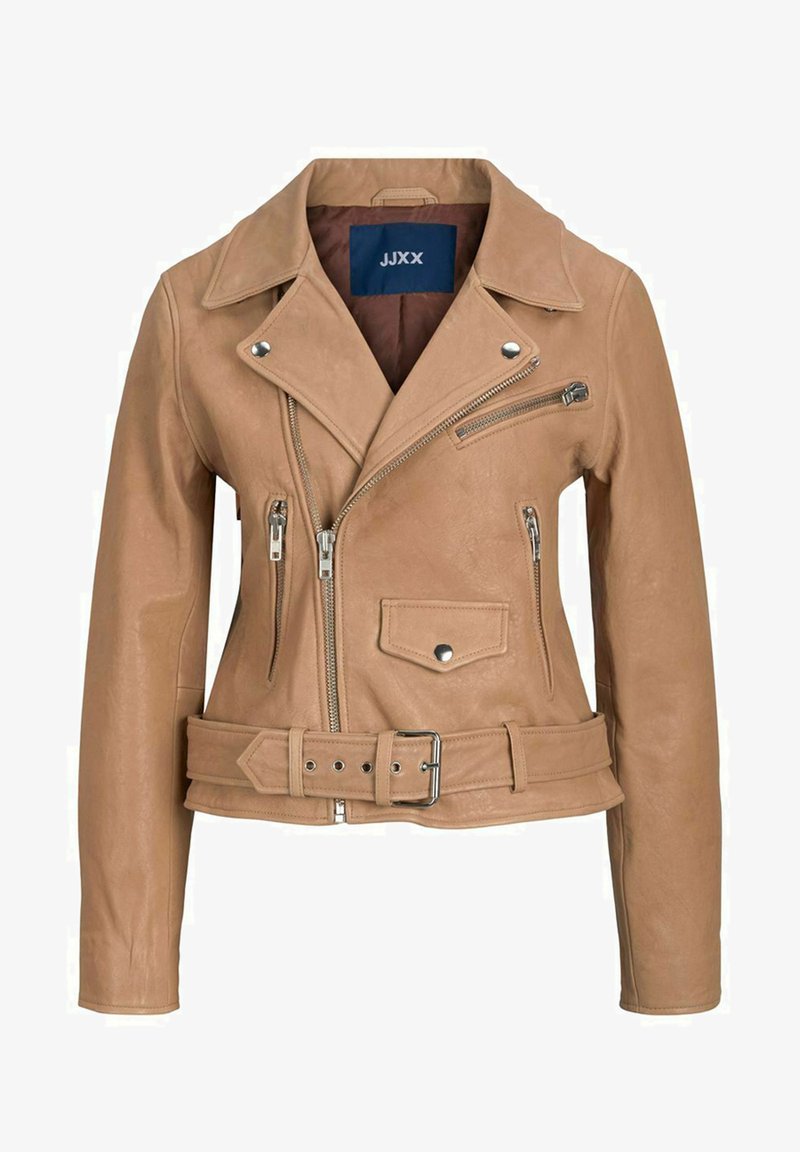 Ruda odinė motociklo striukė su diržu juosmens srityje, keliais užtrauktukais ir įpjova apykakle. Pamušta kontrastinga ruda medžiaga.