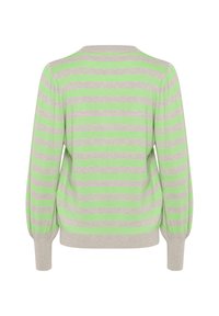 Maglione a righe in grigio chiaro e verde neon, maniche a palloncino, polsini a coste e scollatura tonda. Tessuto in maglia morbido con un design casual.