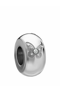 Silver charm bead with butterfly design featuring a central clear gemstone on polished smooth surface.