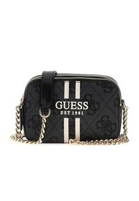 Black textured crossbody bag with a zipper, featuring gold chain strap, silver vertical stripes, and brand logo "GUESS EST 1981."