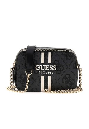 Black textured crossbody bag with a zipper, featuring gold chain strap, silver vertical stripes, and brand logo "GUESS EST 1981."