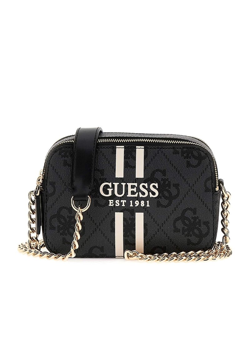 Black textured crossbody bag with a zipper, featuring gold chain strap, silver vertical stripes, and brand logo "GUESS EST 1981."