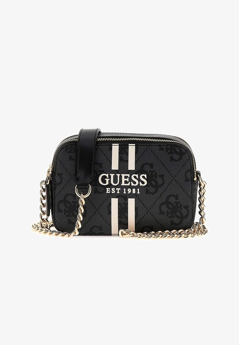 Black textured crossbody bag with a zipper, featuring gold chain strap, silver vertical stripes, and brand logo "GUESS EST 1981."