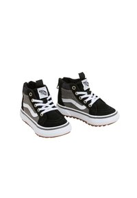 Zapatillas altas en negro y gris con cordones blancos, con parte superior de ante y lona, suela de goma blanca y suela exterior con textura antideslizante.