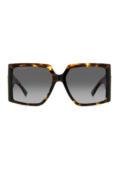 Occhiali da sole tartaruga con montatura quadrata oversize e lenti grigie sfumate. Presentano bracci bold e spessi e un marchio sottile sul lato.