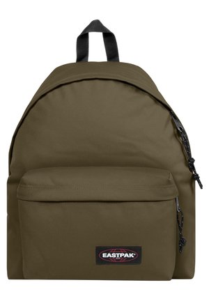 Olive green backpack with front zip pocket, black loop handle, and black zipper pulls, featuring Eastpak brand logo on front pocket.
