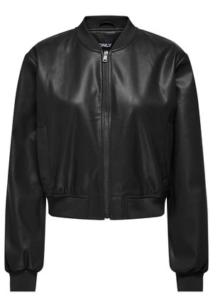 Veste bomber en cuir noir avec fermeture éclair à l'avant, col et poignets côtelés, et poches latérales. Texture lisse avec une coupe cropped.