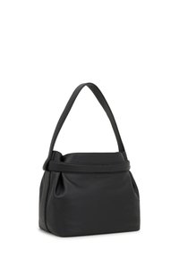 Czarna skórzana torebka o miękkim, luźnym kształcie, krótkim uchwycie i prostym designie. Charakteryzuje się gładką fakturą i brakiem widocznych elementów metalowych.