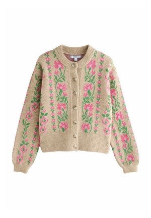 Beige knitted cardigan with pink floral patterns, green leaves, round neckline, and front buttons.
