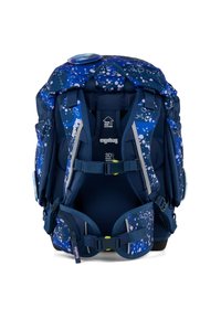 Zaino blu navy con motivo a bolle, design ergonomico, spallacci imbottiti, inserti riflettenti e imbracatura regolabile per comfort e sicurezza.