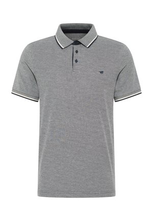 Szary polo z bawełny, z kołnierzykiem z paskami, trzema guzikami oraz małym logo na klatce piersiowej.
