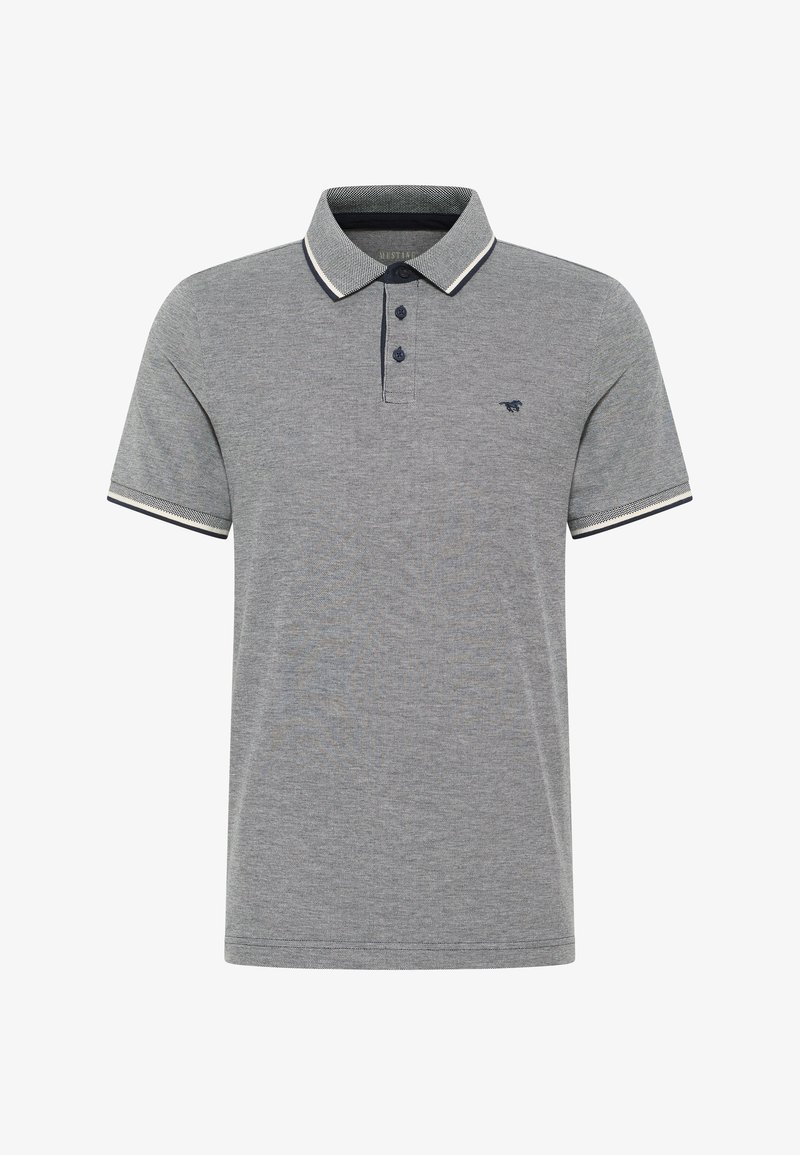 Szary polo z bawełny, z kołnierzykiem z paskami, trzema guzikami oraz małym logo na klatce piersiowej.