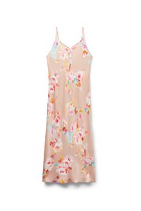 Bloemige slipdress van zacht beige stof, met meerkleurige bloemenpatronen, verstelbare dunne bandjes en een licht A-lijn silhouet.
