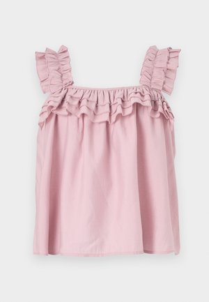 Ροζ αμάνικο τοπ με βολάν τιράντες και κεντημένο λαιμόκοψη. Κατασκευασμένο από ελαφρύ ύφασμα, με χαλαρή, ρέουσα γραμμή.