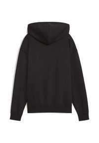 Felpa nera con cappuccio, dalla texture liscia, con spalle scese e polsini e orlo a coste. Presenta un design semplice senza loghi visibili.