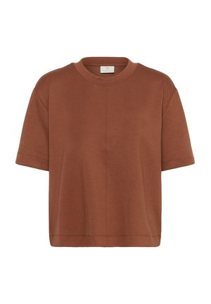 T-shirt marron à manches courtes avec col rond, ourlet droit et couture visible au centre devant ainsi qu'autour des bords.